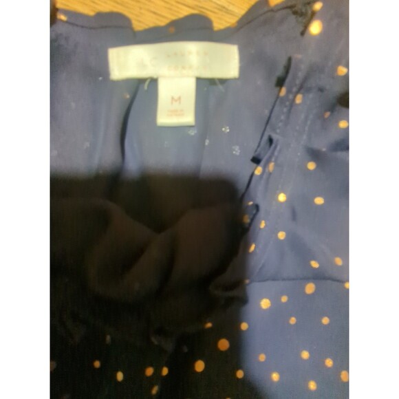 LC Lauren Conrad Women Top Lg Navy Blue Gold Celestial Dots Sleeve  Shirt Blouse - Picture 9 of 12